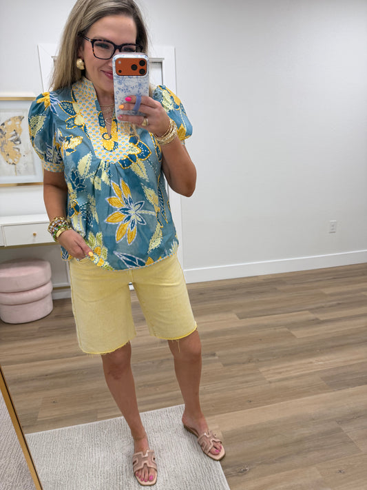 Blue Lagoon Mixed Abstract Print V Neck Top