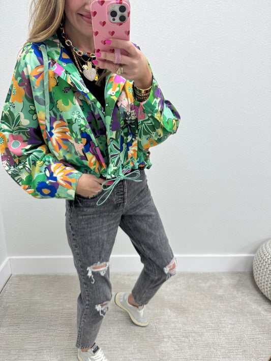 Green Floral High Low Zipper Hoodie
