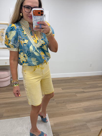 Blue Lagoon Mixed Abstract Print V Neck Top