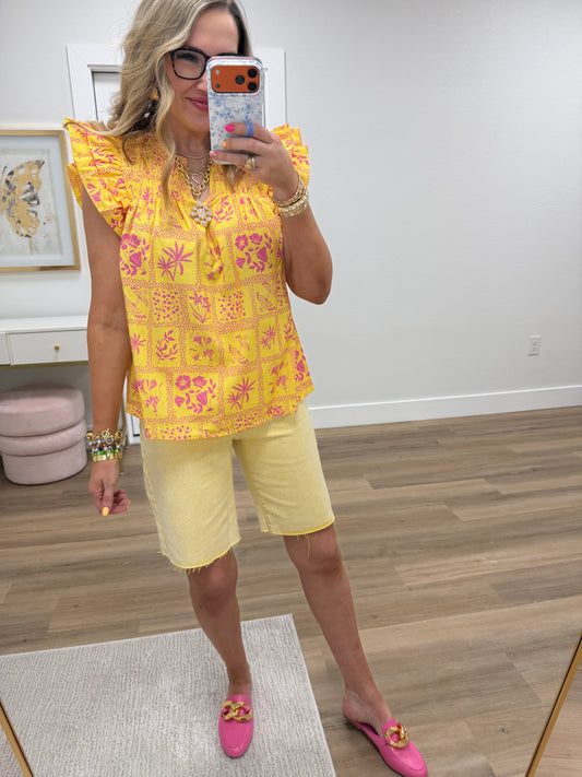 Yellow and Pink Printed Flutter Sleeve Top
