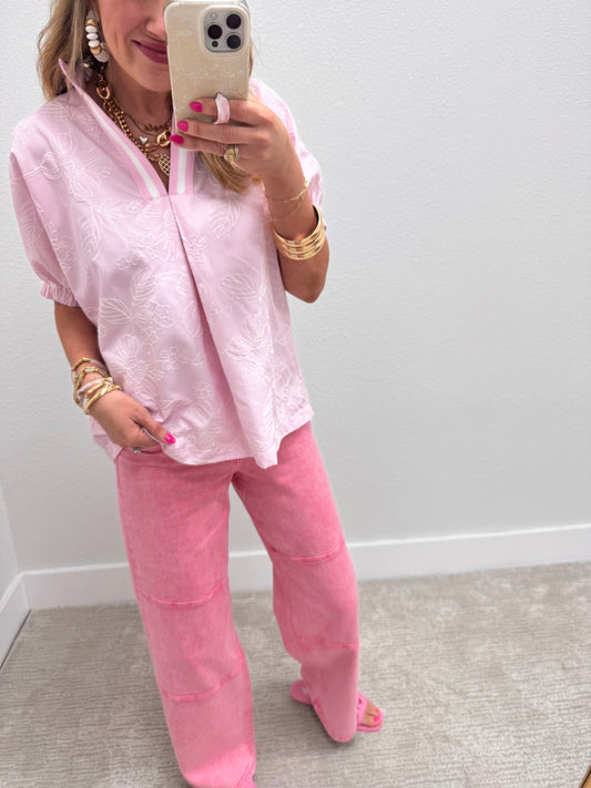 Pink & White Stripe Top With Embroidered Detail