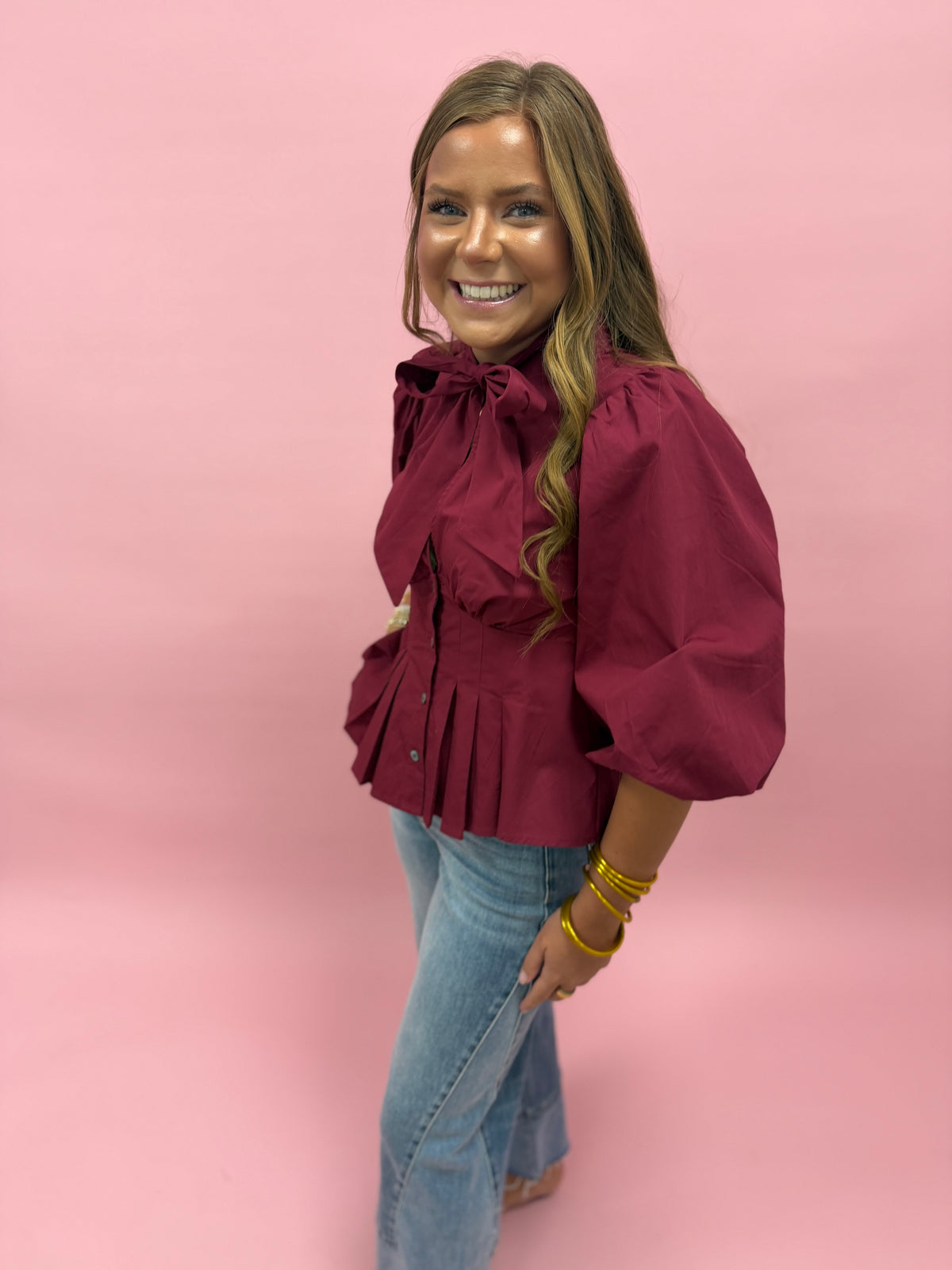 Burgundy High Neck With Bow Pleated Top