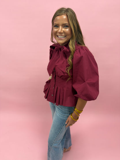Burgundy High Neck With Bow Pleated Top