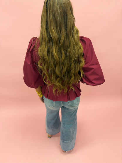 Burgundy High Neck With Bow Pleated Top