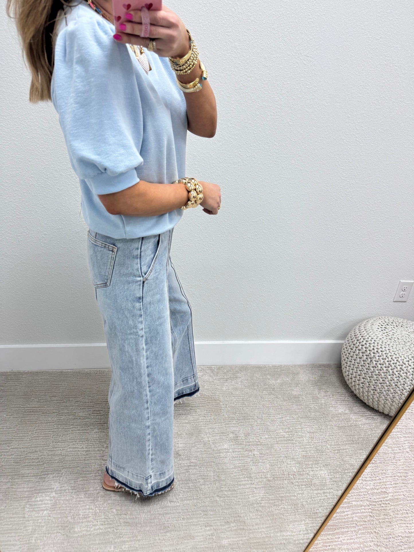 Mid Rise Light Wash Front & Back Seam Wide Leg Jean