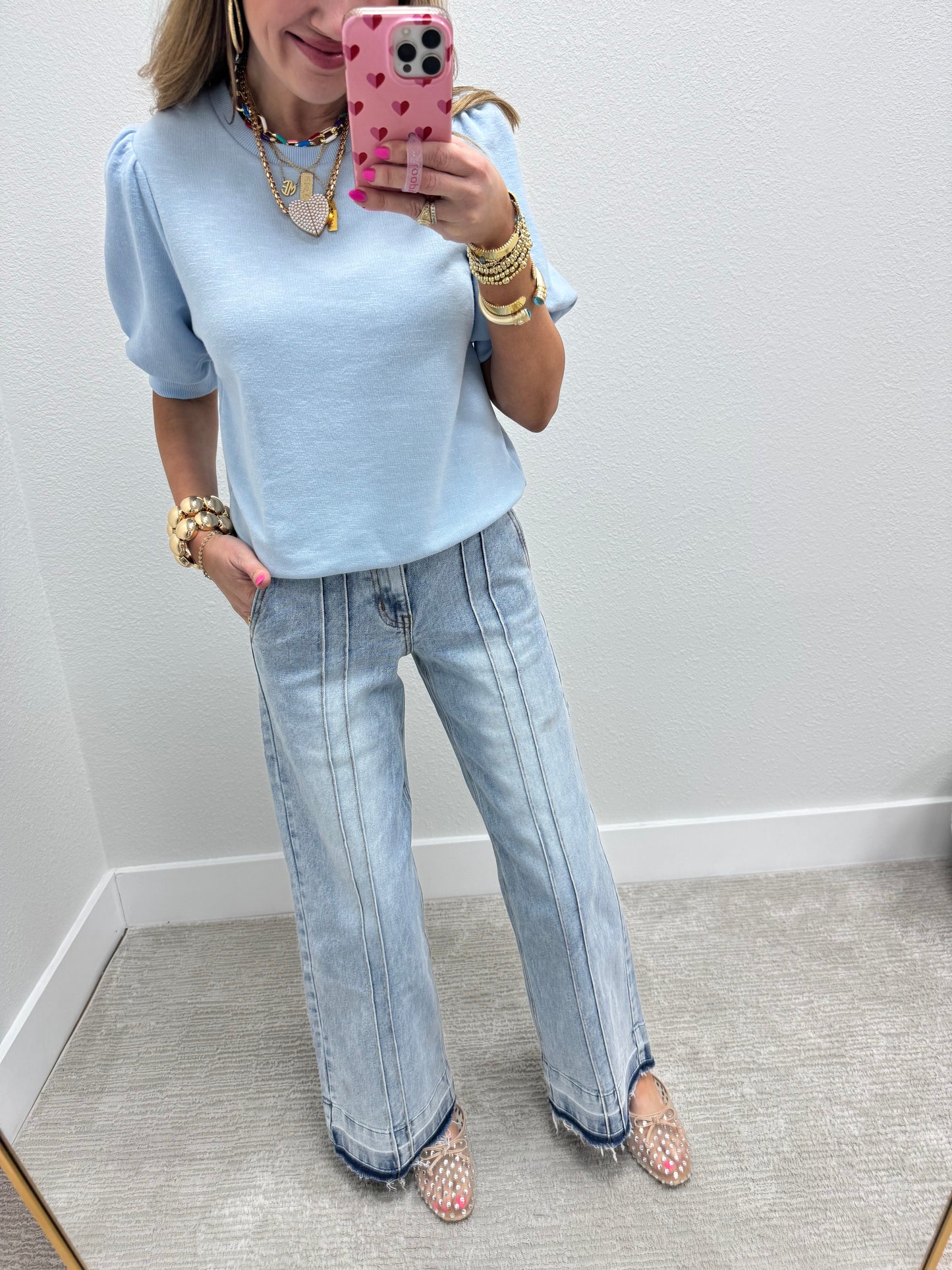 Mid Rise Light Wash Front & Back Seam Wide Leg Jean