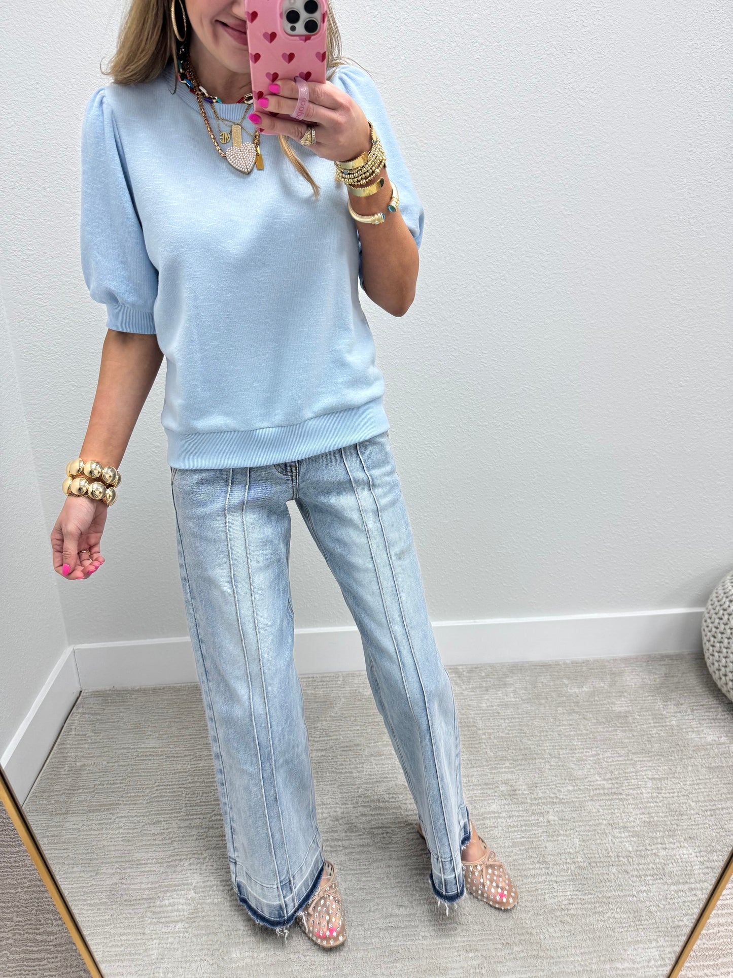 Mid Rise Light Wash Front & Back Seam Wide Leg Jean