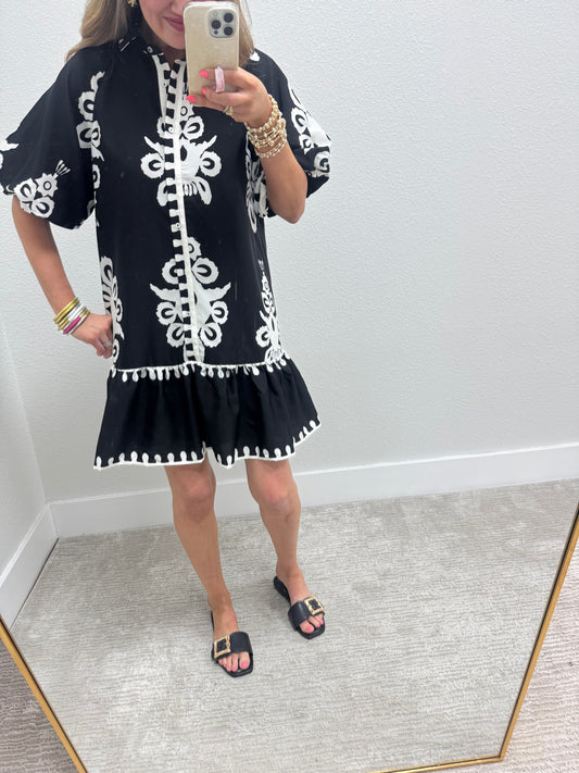 Black and White Printed Shirt Style Dress