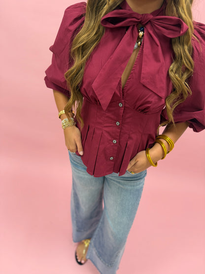 Burgundy High Neck With Bow Pleated Top