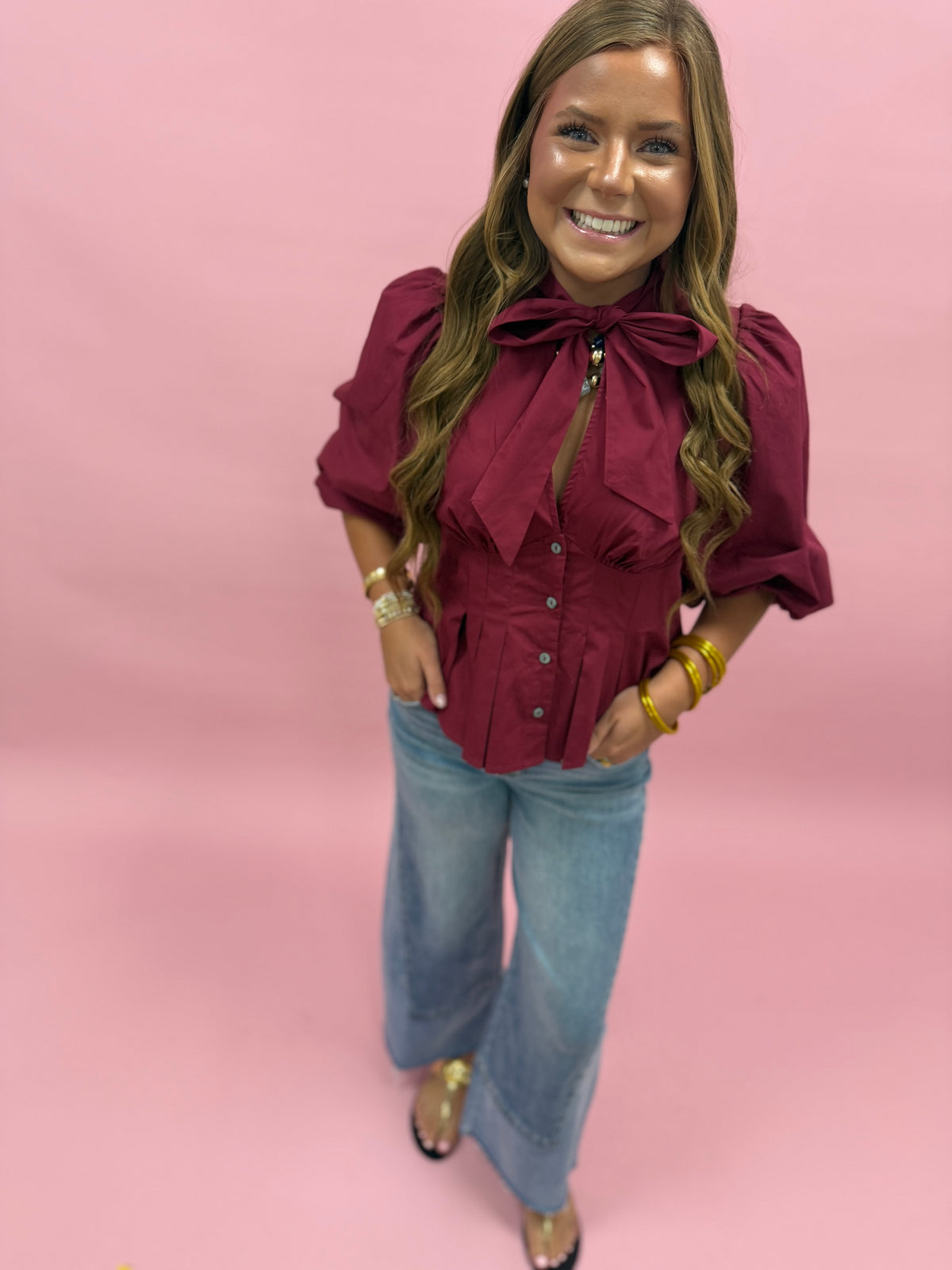 Burgundy High Neck With Bow Pleated Top