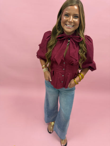 Burgundy High Neck With Bow Pleated Top