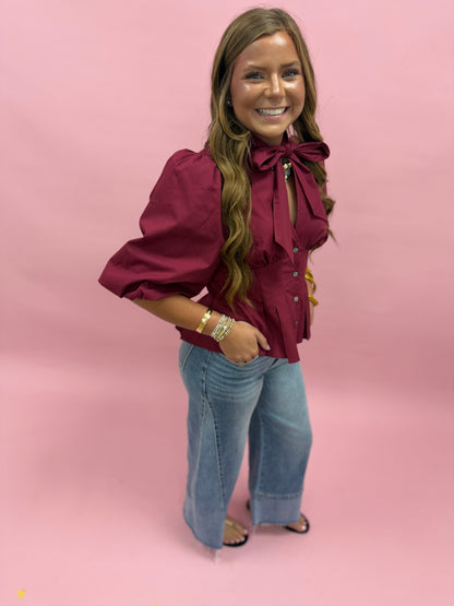 Burgundy High Neck With Bow Pleated Top