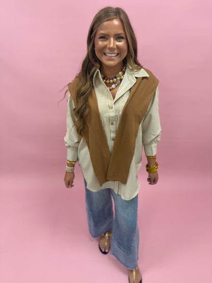 Camel Striped Button-up Shirt With Faux Tie