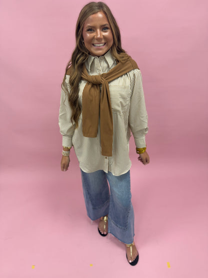 Camel Striped Button-up Shirt With Faux Tie