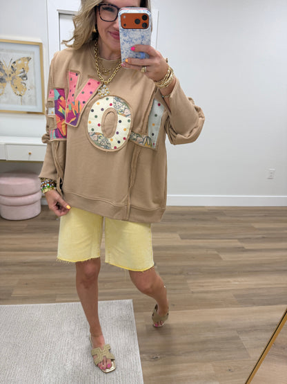 Tan "Love" Split Seam Pullover