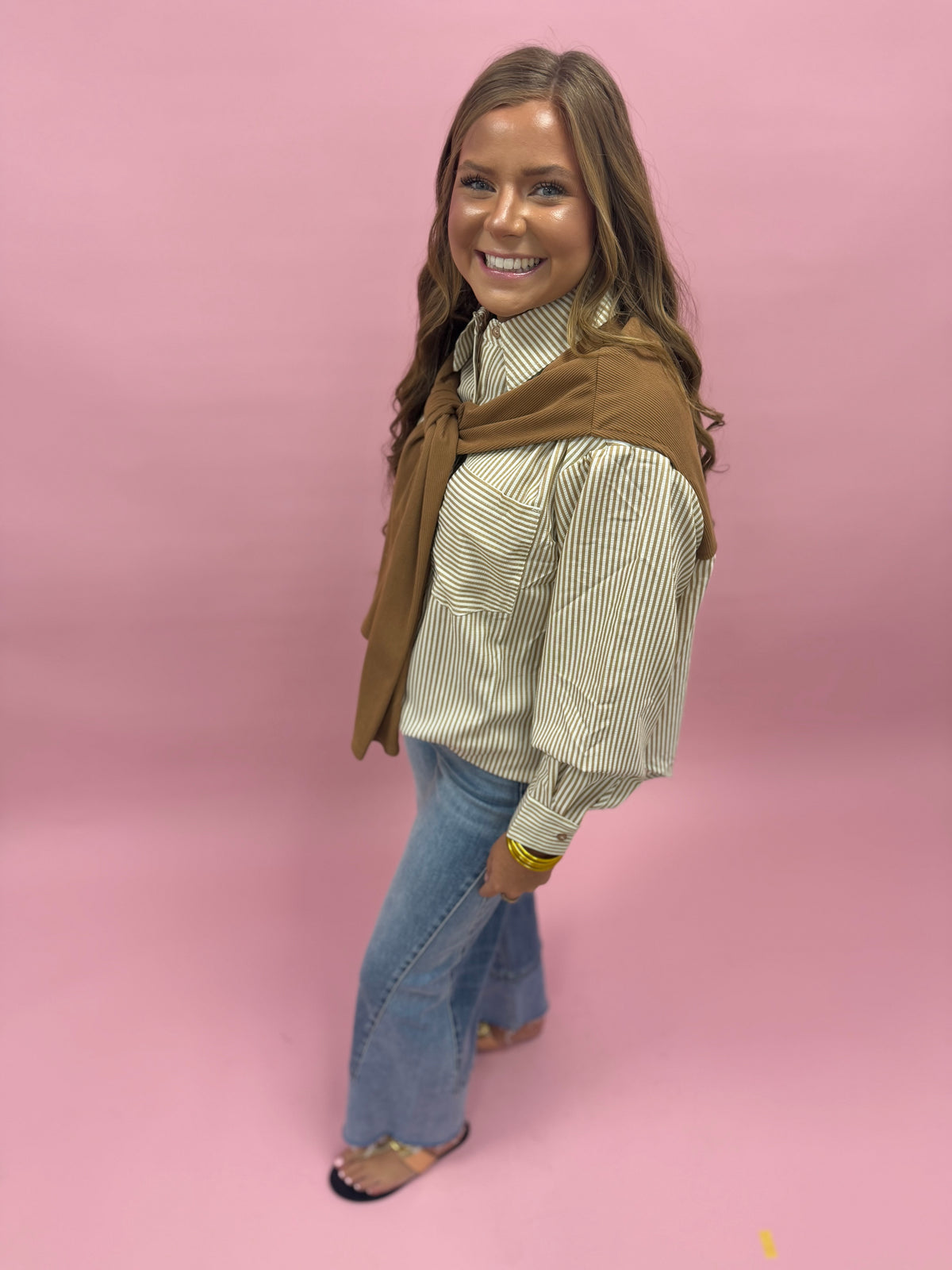 Camel Striped Button-up Shirt With Faux Tie