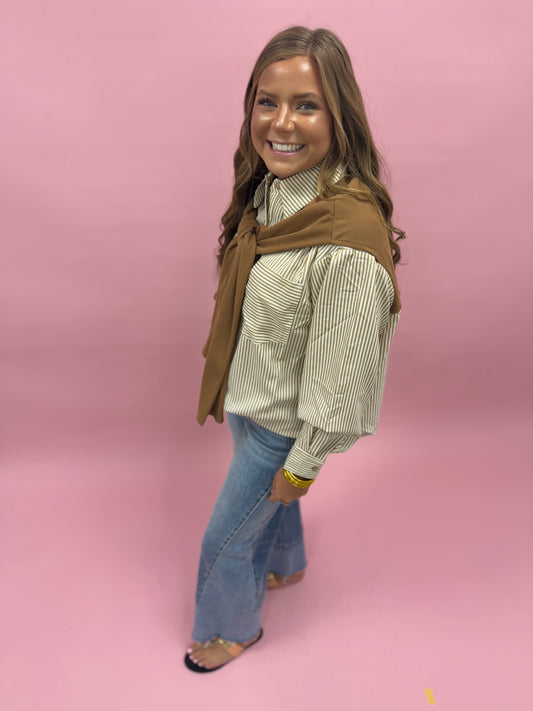 Camel Striped Button-up Shirt With Faux Tie