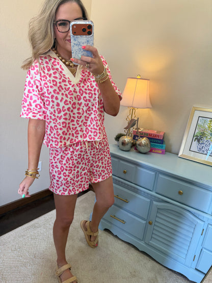 Pink V Neck Patchwork Leopard Printed 2pcs Short Set