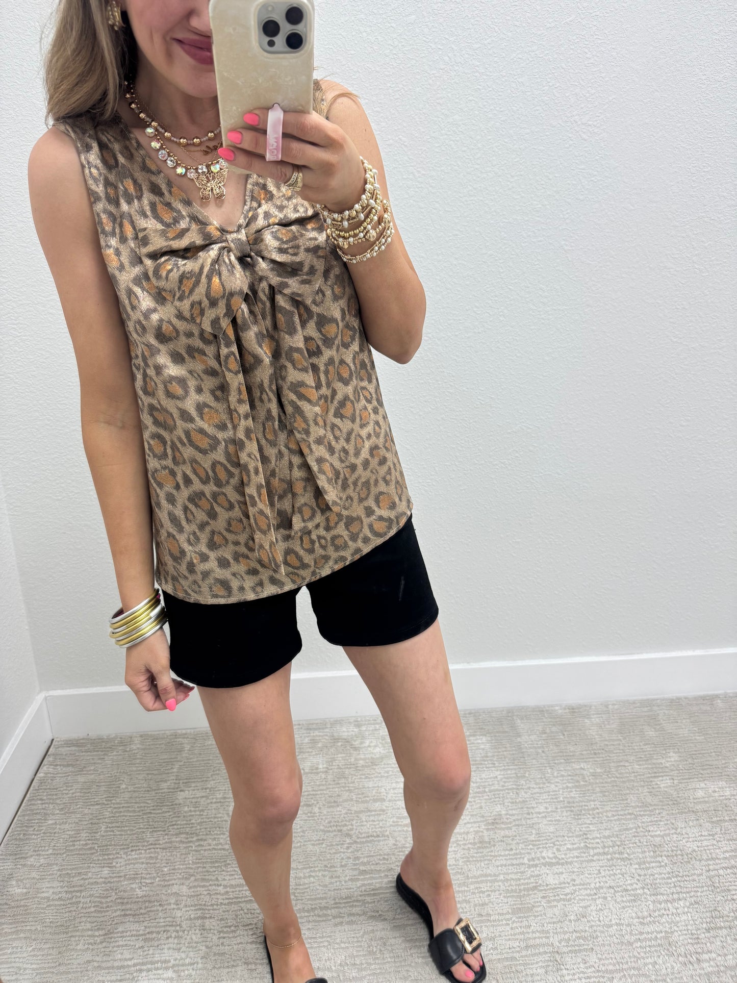 Leopard Metallic Bow Front Top