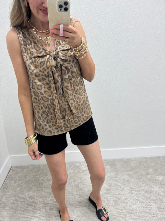 Leopard Metallic Bow Front Top