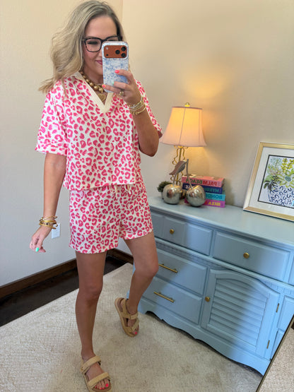 Pink V Neck Patchwork Leopard Printed 2pcs Short Set