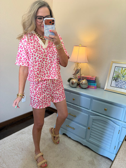 Pink V Neck Patchwork Leopard Printed 2pcs Short Set