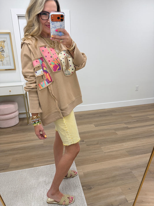 Tan "Love" Split Seam Pullover