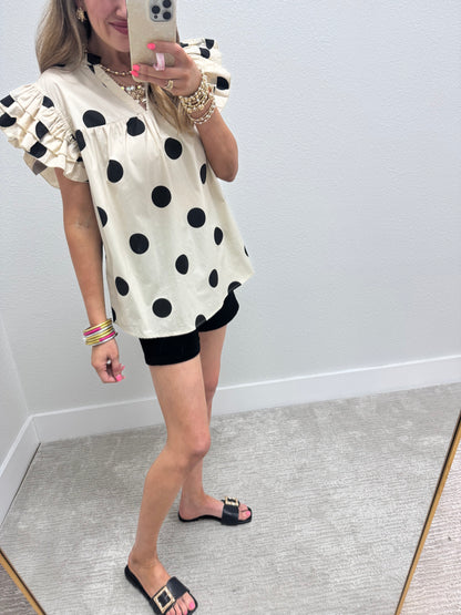 Cream and Black Polk A Dot Ruffle Sleeve Shirt