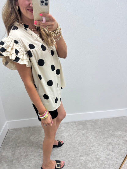 Cream and Black Polk A Dot Ruffle Sleeve Shirt