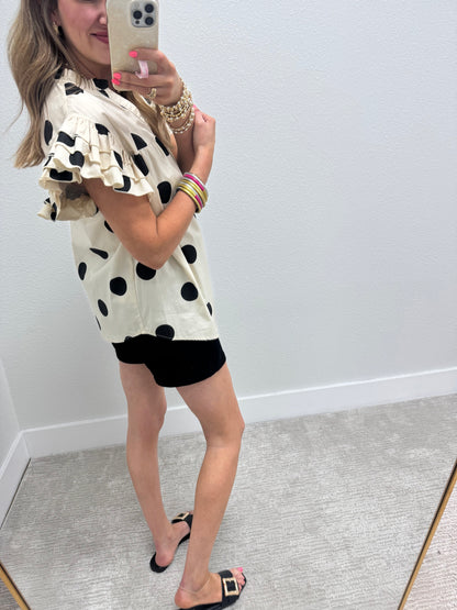 Cream and Black Polk A Dot Ruffle Sleeve Shirt
