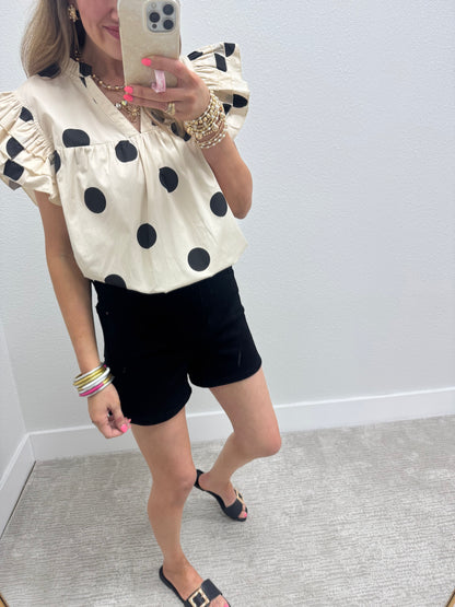 Cream and Black Polk A Dot Ruffle Sleeve Shirt