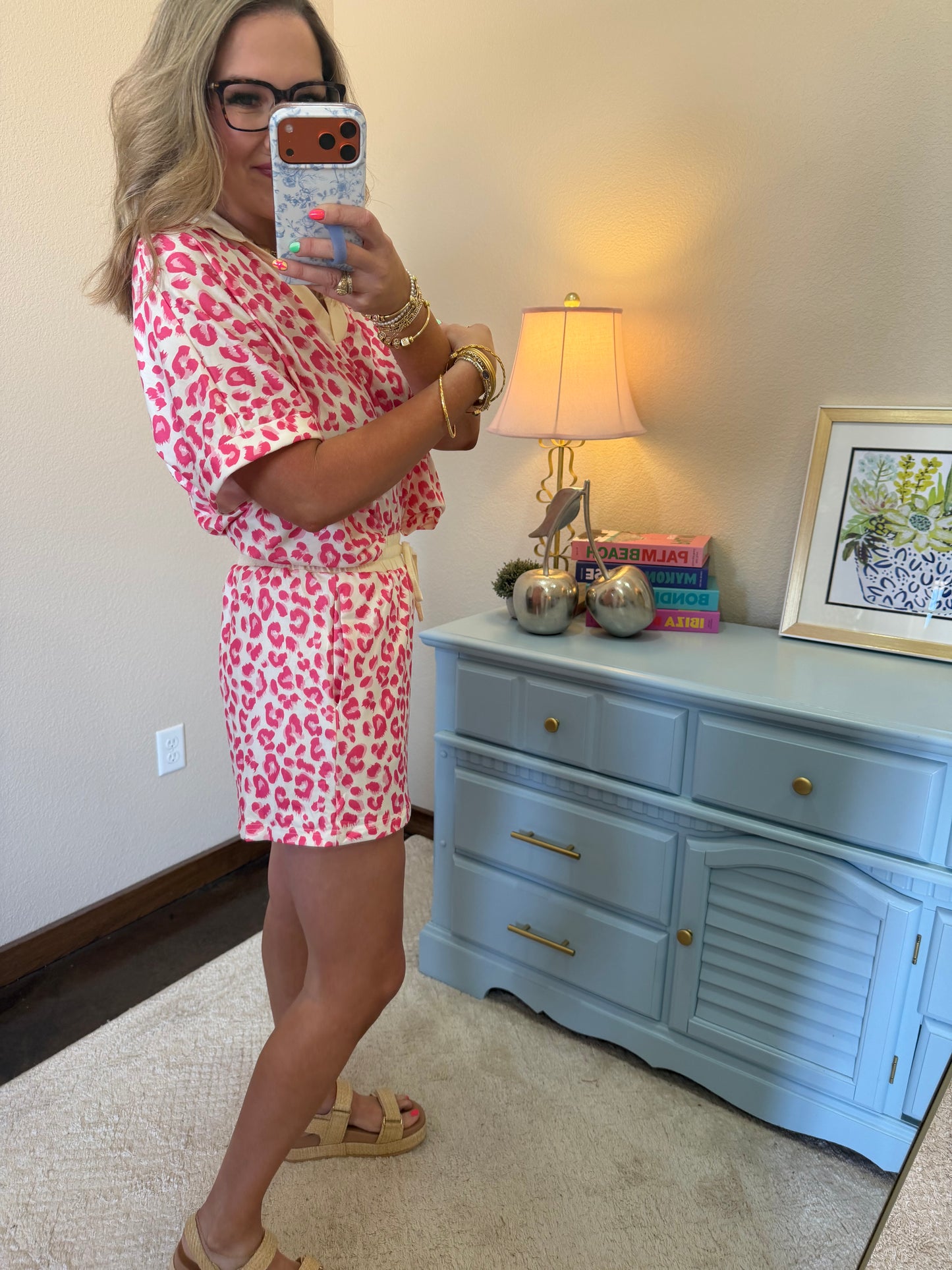 Pink V Neck Patchwork Leopard Printed 2pcs Short Set