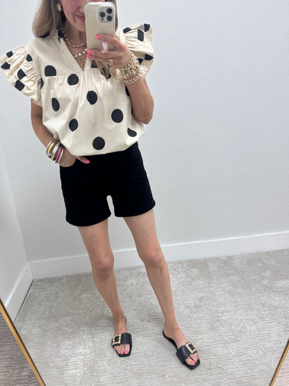 Cream and Black Polk A Dot Ruffle Sleeve Shirt