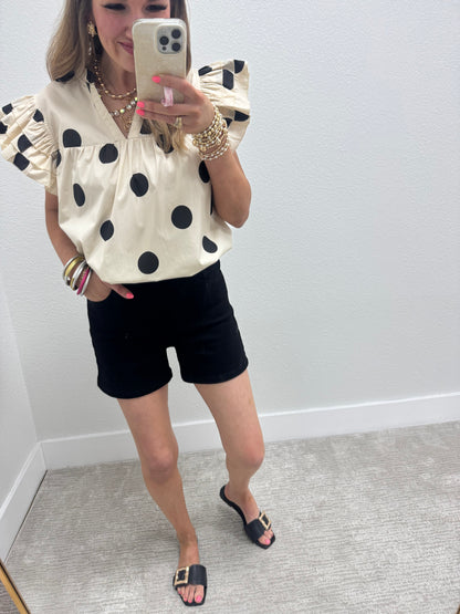 Cream and Black Polk A Dot Ruffle Sleeve Shirt