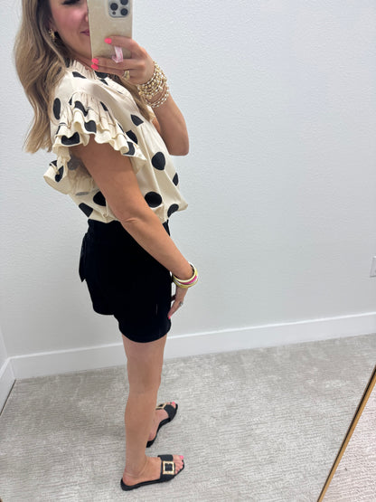 Cream and Black Polk A Dot Ruffle Sleeve Shirt