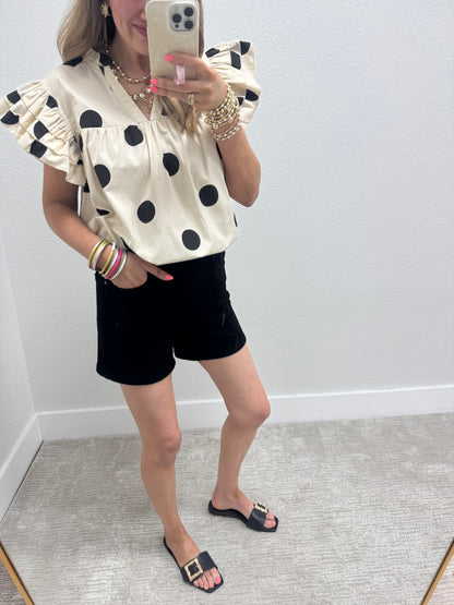 Cream and Black Polk A Dot Ruffle Sleeve Shirt