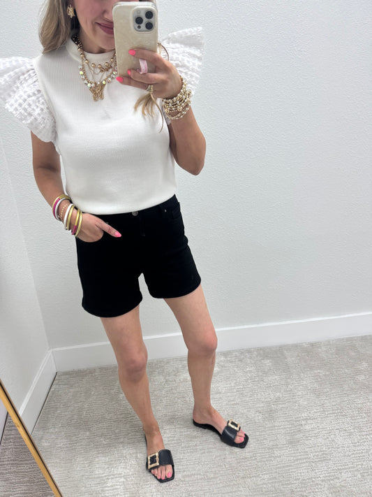 Risen Black Tummy Control High Rise Cuffed Shorts
