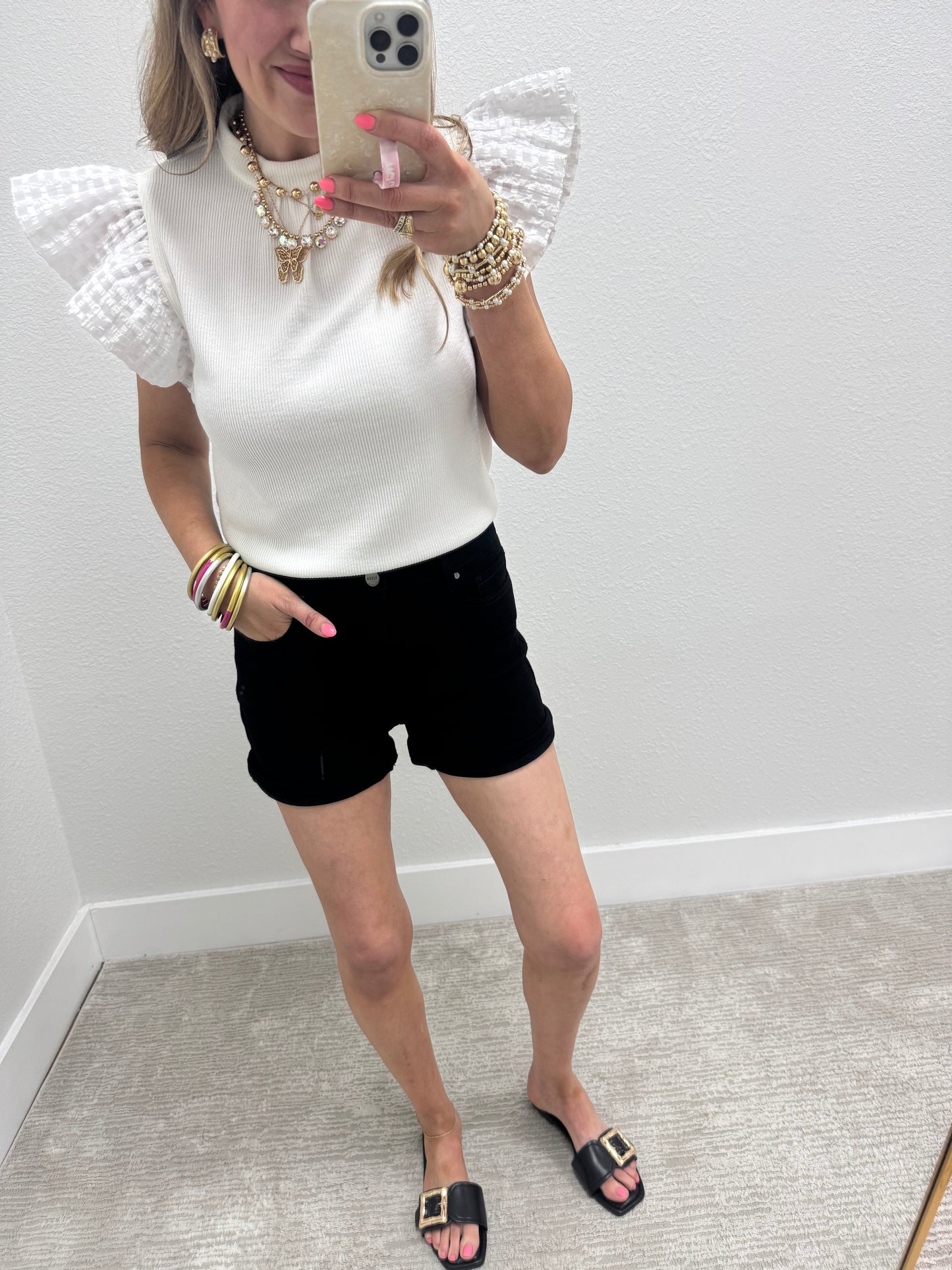 Risen Black Tummy Control High Rise Cuffed Shorts
