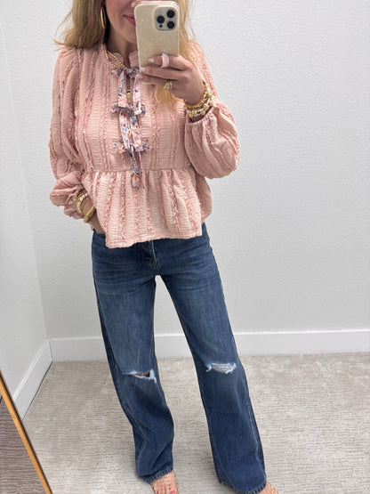 Blush Front Bow Tie Lace Detail Peplum Top