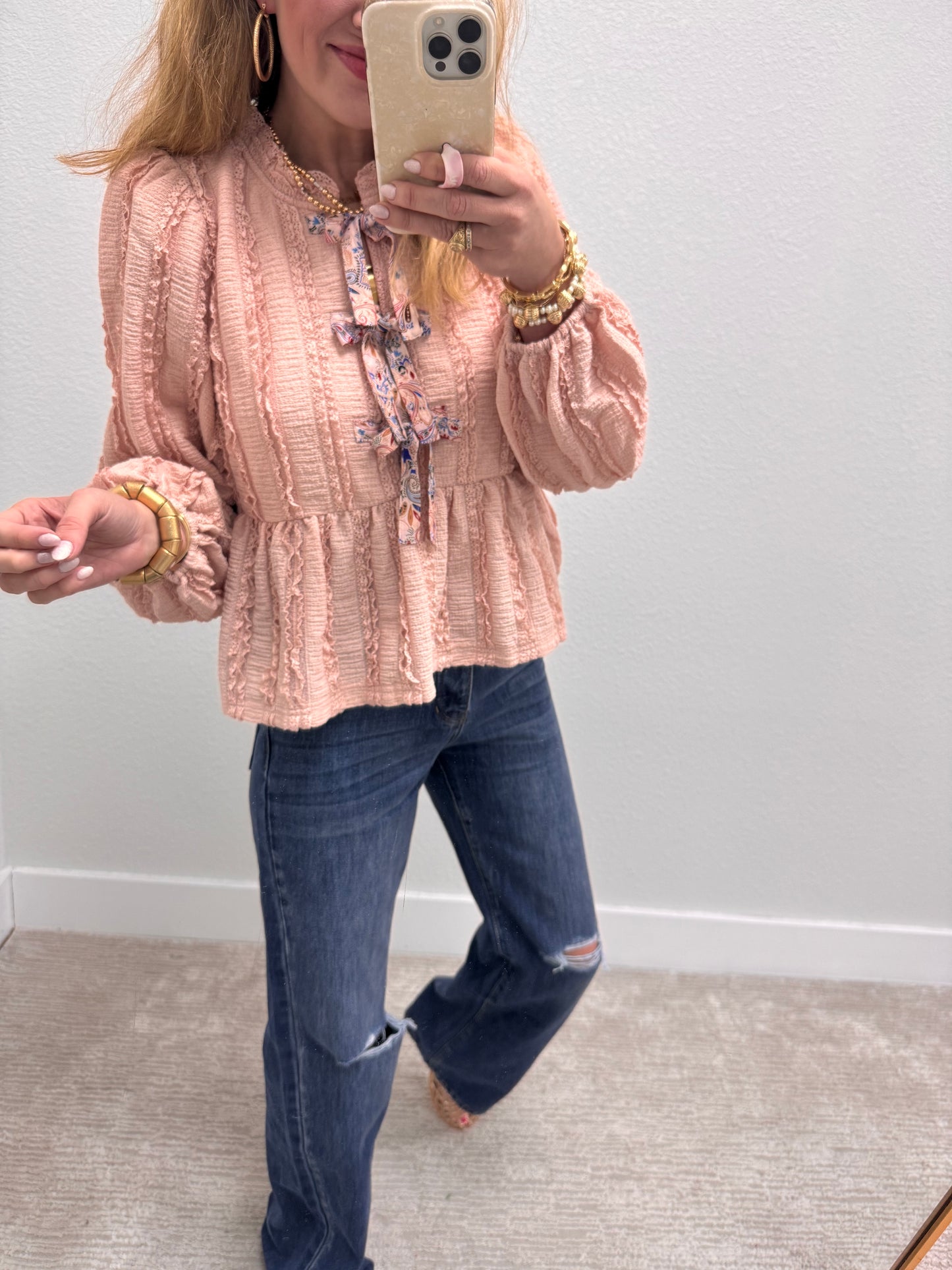 Blush Front Bow Tie Lace Detail Peplum Top