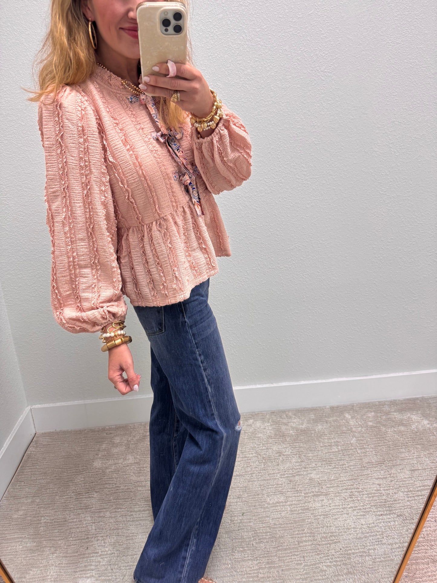 Blush Front Bow Tie Lace Detail Peplum Top