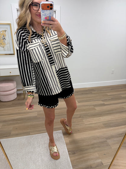 Black & Cream Textured Button Top