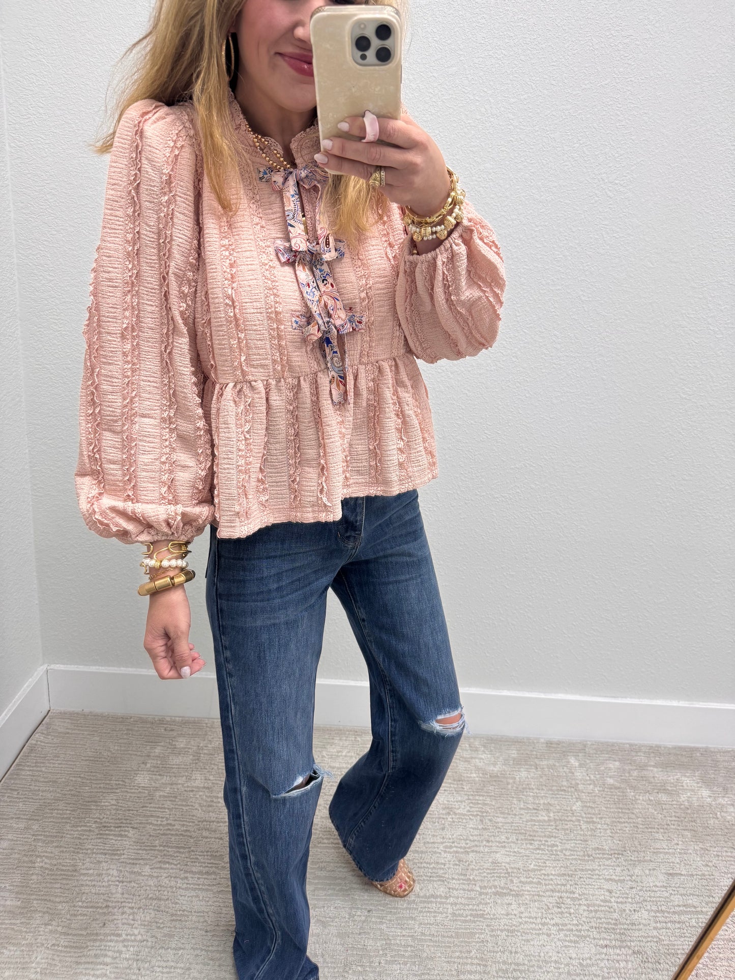 Blush Front Bow Tie Lace Detail Peplum Top