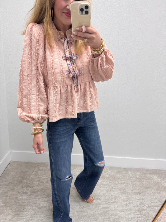 Blush Front Bow Tie Lace Detail Peplum Top