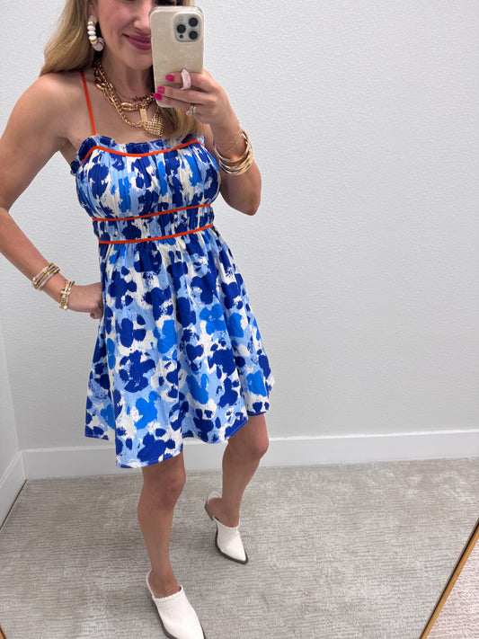Blue and Orange Smocked Front Dress