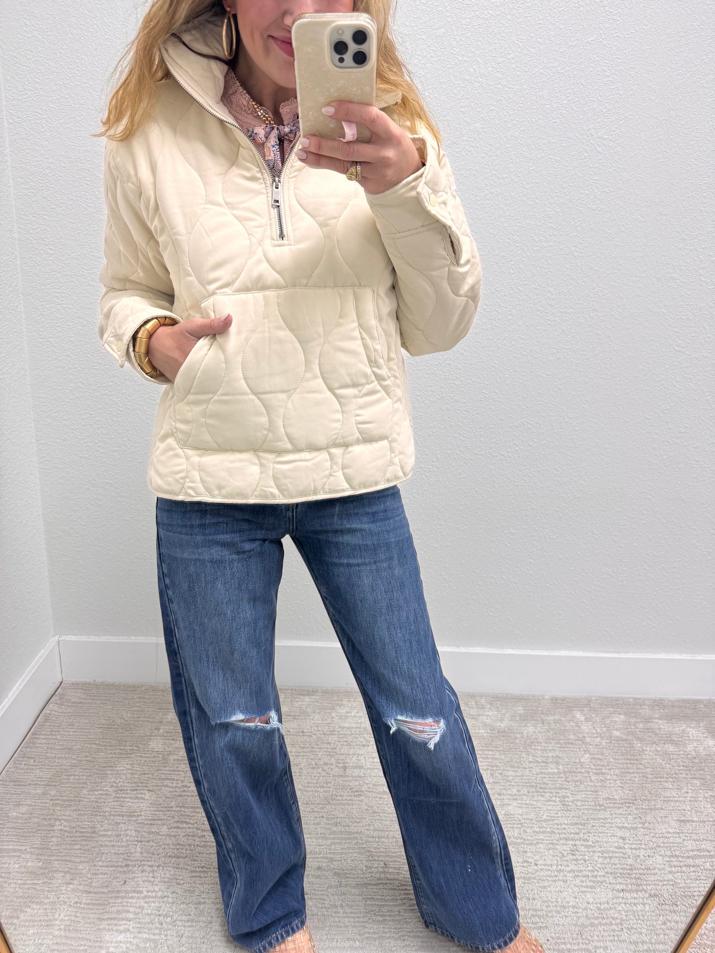 Cream Quilted Half Zip High Neck Pullover