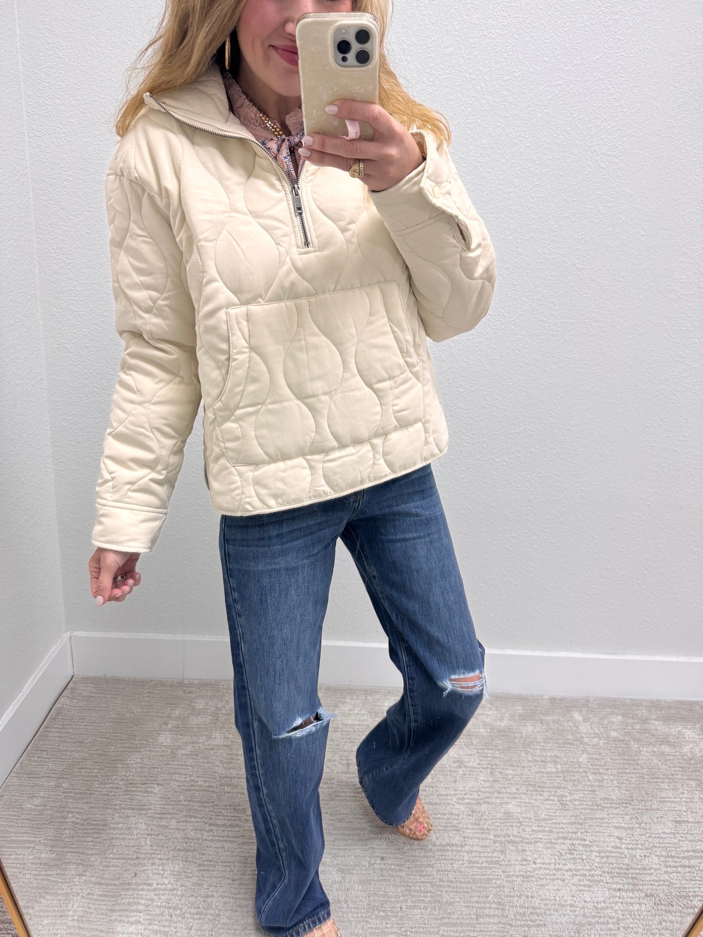 Cream Quilted Half Zip High Neck Pullover