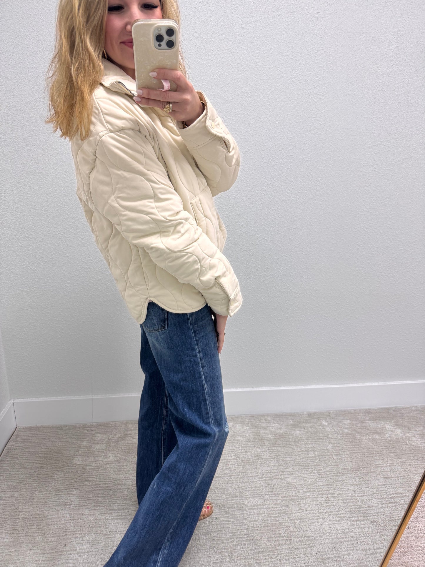 Cream Quilted Half Zip High Neck Pullover