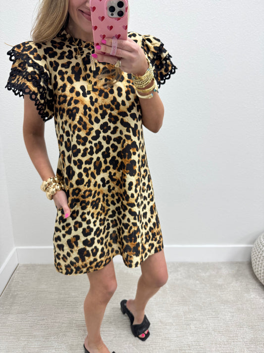 Leopard Dress with Ruffle Collar and Eyelet Lace Detail Sleeves