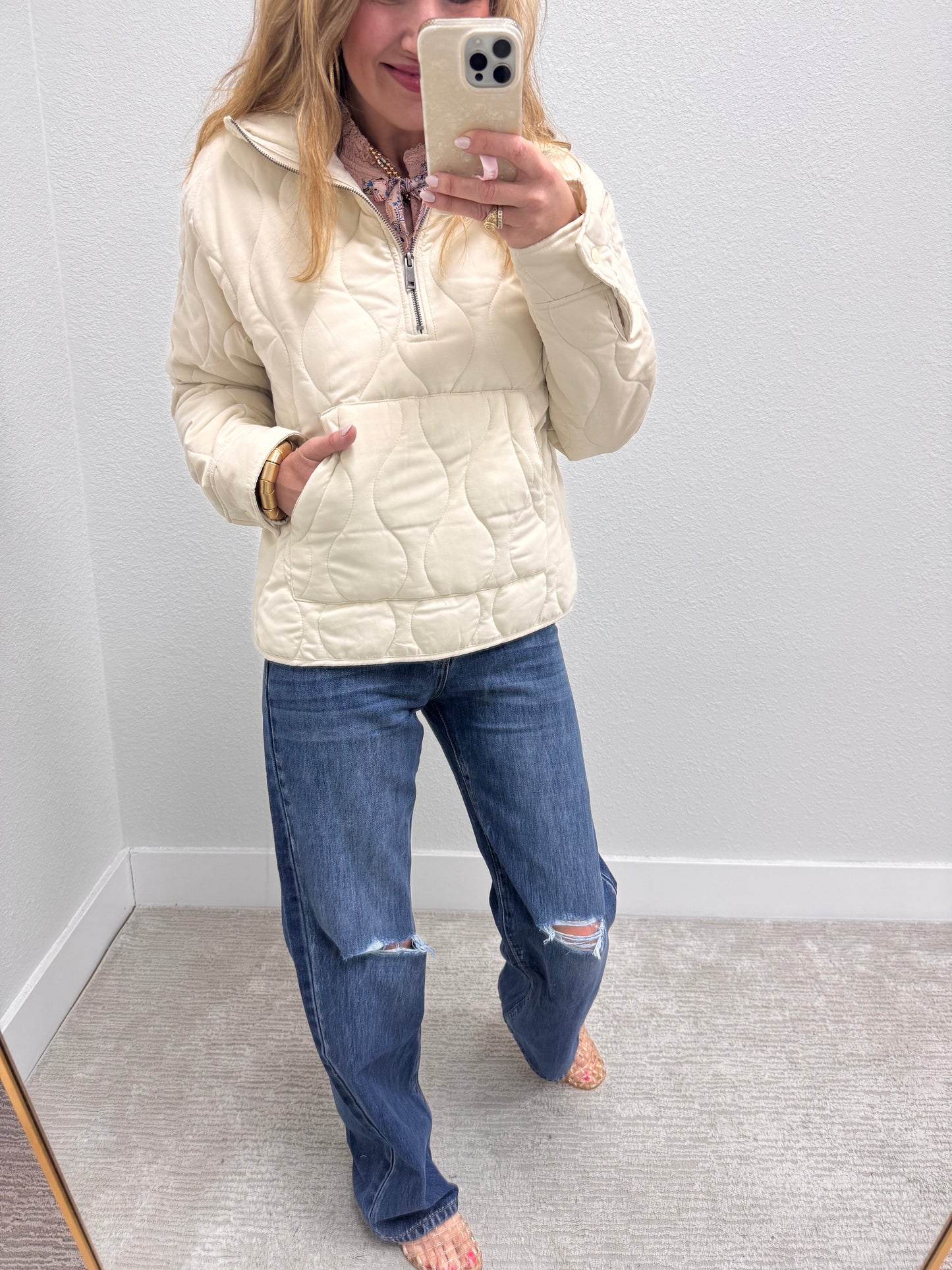 Cream Quilted Half Zip High Neck Pullover